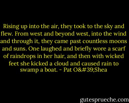 Rising up into the air, they took to the sky and flew. From west and beyond west, into the wind and through it, they came past countless moons and suns. One laughed and briefly wore a scarf of raindrops in her hair, and then with wicked feet she kicked a cloud and caused rain to swamp a boat. - Pat O'Shea