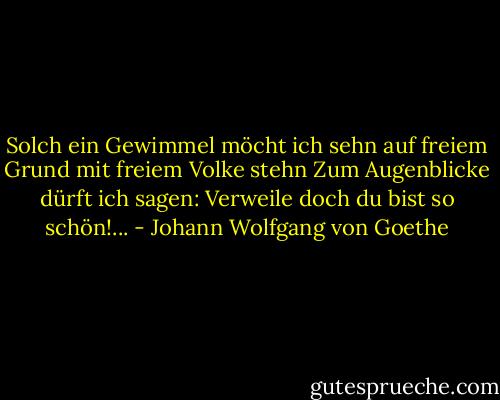 Solch ein Gewimmel möcht ich sehn<br />auf freiem Grund mit freiem Volke stehn<br />Zum Augenblicke dürft ich sagen:<br />Verweile doch du bist so schön!... - Johann Wolfgang von Goethe