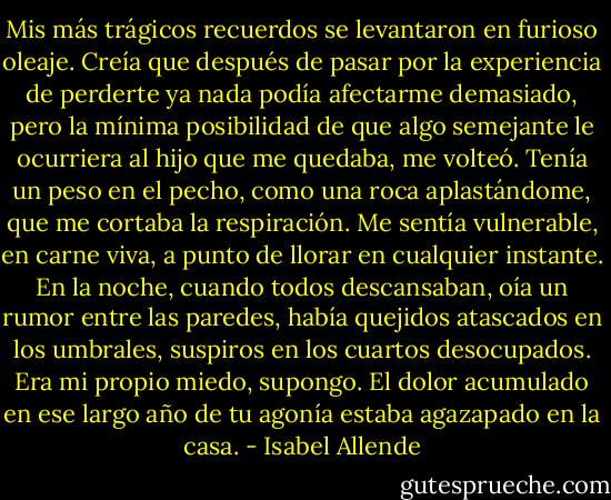 Mis más trágicos recuerdos se levantaron en furioso oleaje. Creía que después de pasar por la experiencia de perderte ya nada podía afectarme demasiado, pero la mínima posibilidad de que algo semejante le ocurriera al hijo que me quedaba, me volteó. Tenía un peso en el pecho, como una roca aplastándome, que me cortaba la respiración. Me sentía vulnerable, en carne viva, a punto de llorar en cualquier instante. En la noche, cuando todos descansaban, oía un rumor entre las paredes, había quejidos atascados en los umbrales, suspiros en los cuartos desocupados. Era mi propio miedo, supongo. El dolor acumulado en ese largo año de tu agonía estaba agazapado en la casa. - Isabel Allende