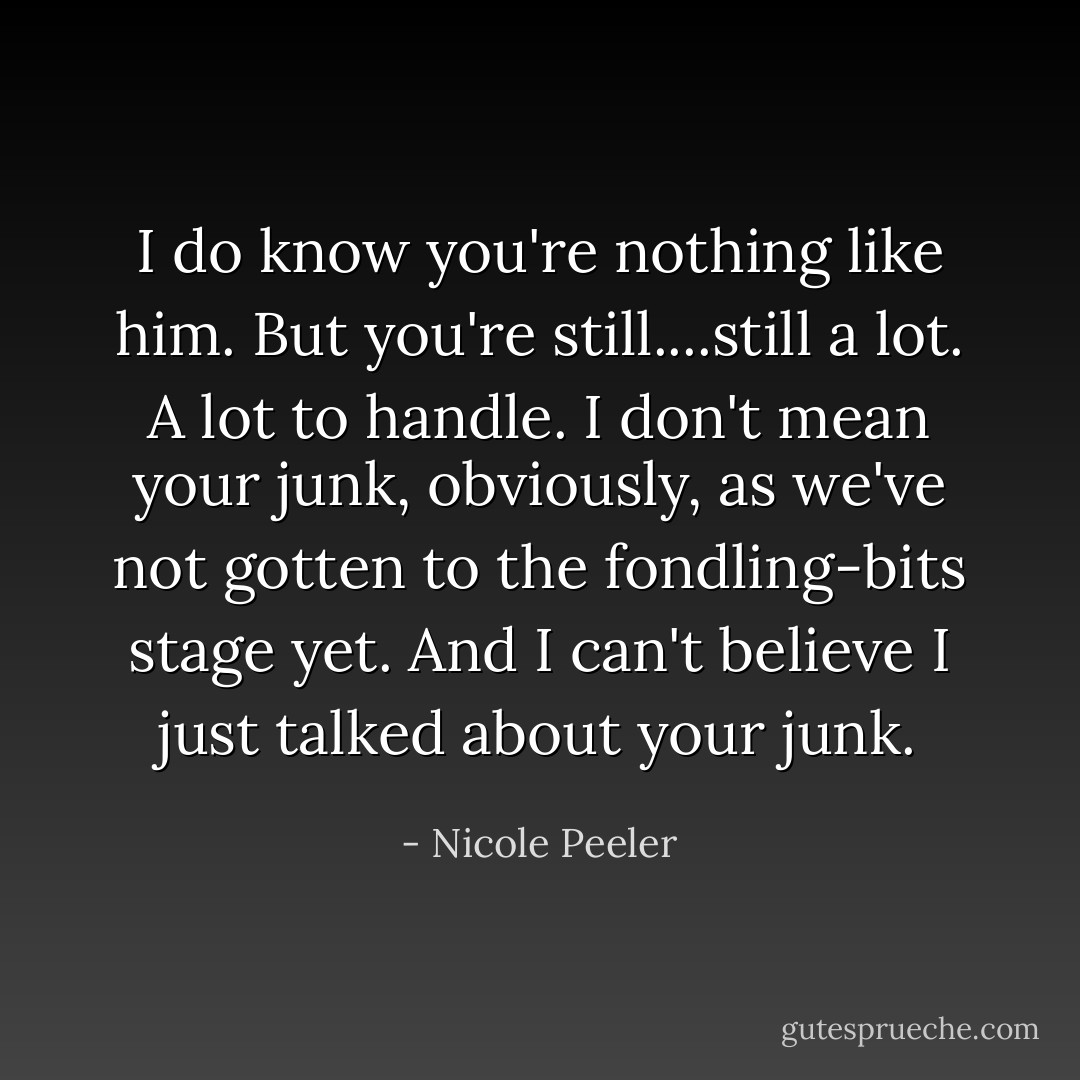 I do know you're nothing like him. But you're still....still a lot. A lot to handle. I don't mean your junk, obviously, as we've not gotten to the fondling-bits stage yet. And I can't believe I just talked about your junk. - Nicole Peeler