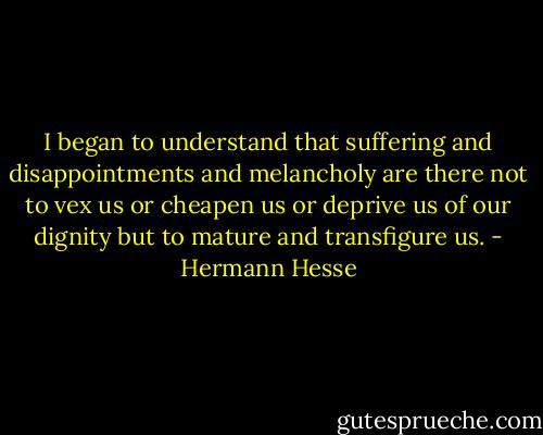 I began to understand that suffering and disappointments and melancholy are there not to vex us or cheapen us or deprive us of our dignity but to mature and transfigure us. - Hermann Hesse