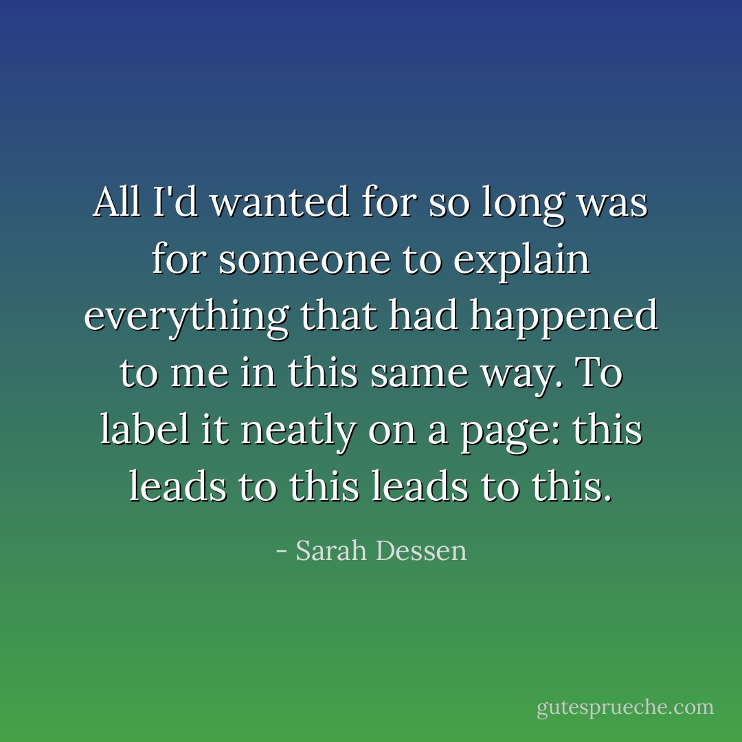 All I'd wanted for so long was for someone to explain<br />everything that had<br />happened to me in this same way. To label it neatly on a page: this leads to this<br />leads to this. - Sarah Dessen