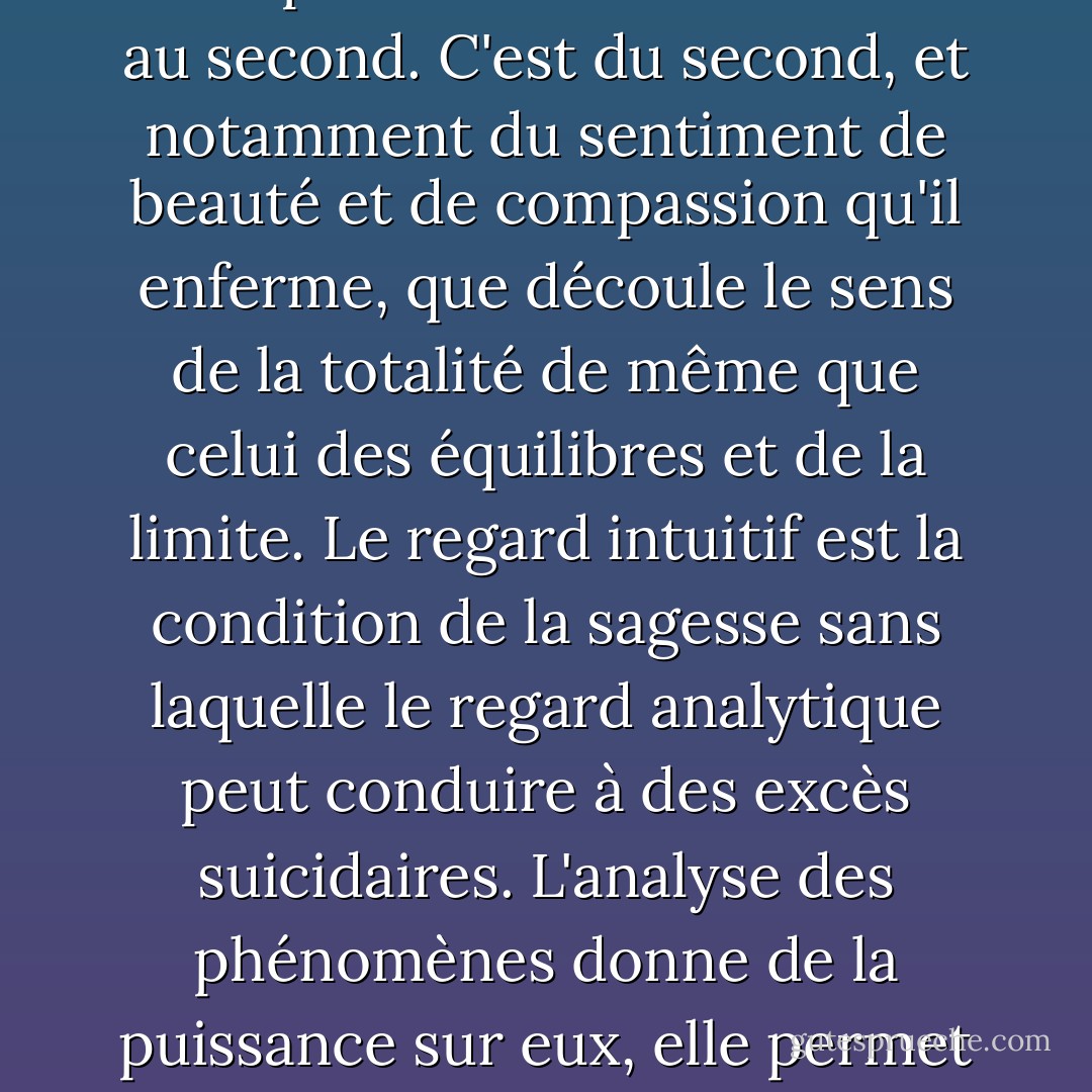 Le regard analytique et le regard intuitif sur la vie ne peuvent s'harmoniser dans un même être que dans la mesure où le premier est subordonné au second. C'est du second, et notamment du sentiment de beauté et de compassion qu'il enferme, que découle le sens de la totalité de même que celui des équilibres et de la limite. Le regard intuitif est la condition de la sagesse sans laquelle le regard analytique peut conduire à des excès suicidaires. L'analyse des phénomènes donne de la puissance sur eux, elle permet de dominer la nature, mais elle n'enferme aucune indication quant aux limites qu'il convient d'assigner à cette puissance. - James E. Lovelock