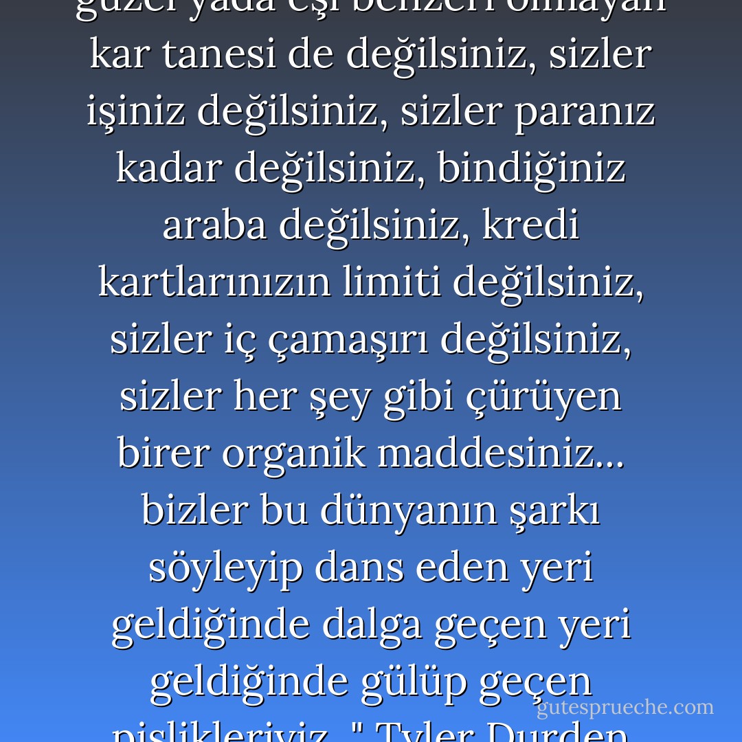 Sizler özel değilsiniz, sizler güzel yada eşi benzeri olmayan kar tanesi de değilsiniz, sizler işiniz değilsiniz, sizler paranız kadar değilsiniz, bindiğiniz araba değilsiniz, kredi kartlarınızın limiti değilsiniz, sizler iç çamaşırı değilsiniz, sizler her şey gibi çürüyen birer organik maddesiniz... bizler bu dünyanın şarkı söyleyip dans eden yeri geldiğinde dalga geçen yeri geldiğinde gülüp geçen pislikleriyiz. " Tyler Durden - Chuck Palahniuk