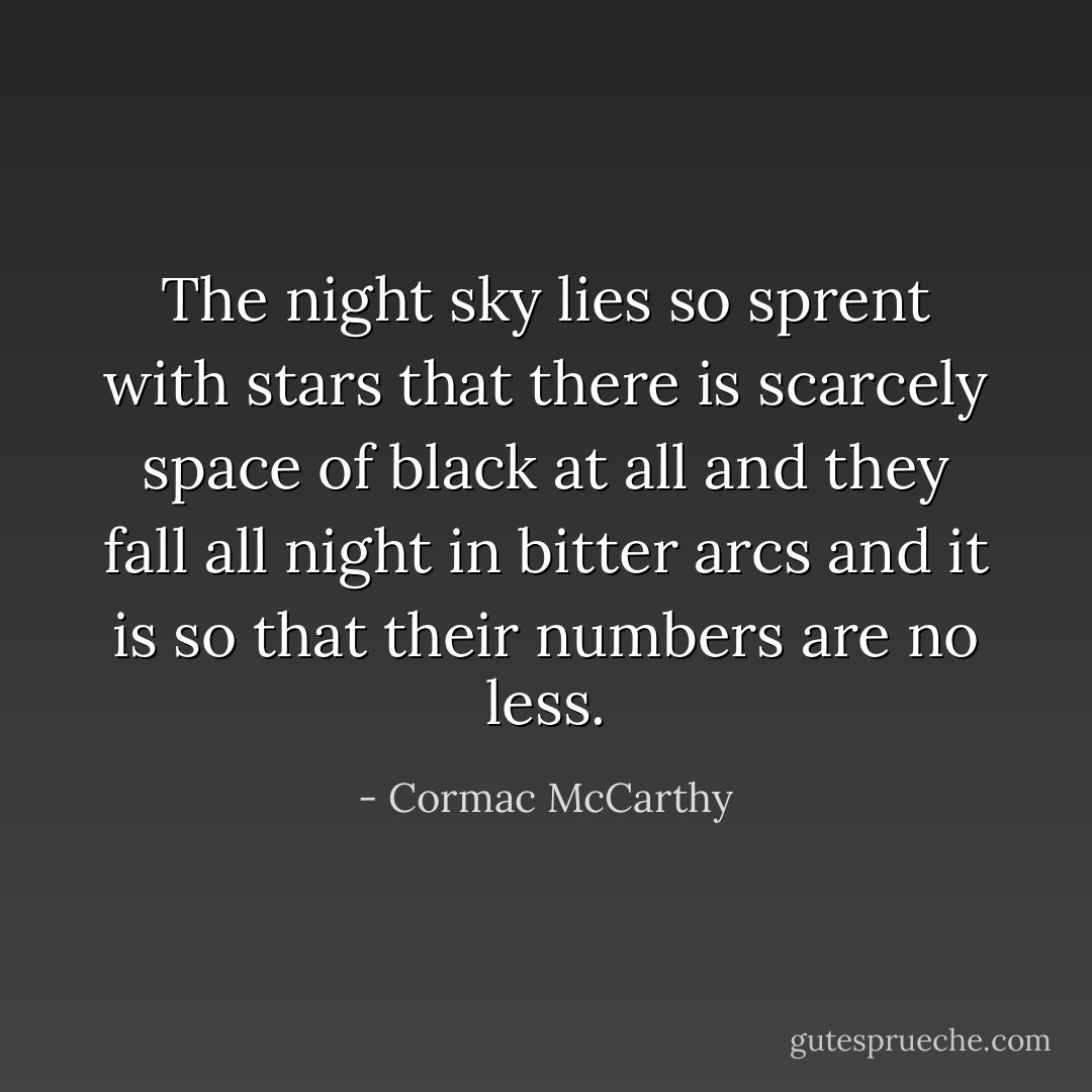 The night sky lies so sprent with stars that there is scarcely space of black at all and they fall all night in bitter arcs and it is so that their numbers are no less. - Cormac McCarthy
