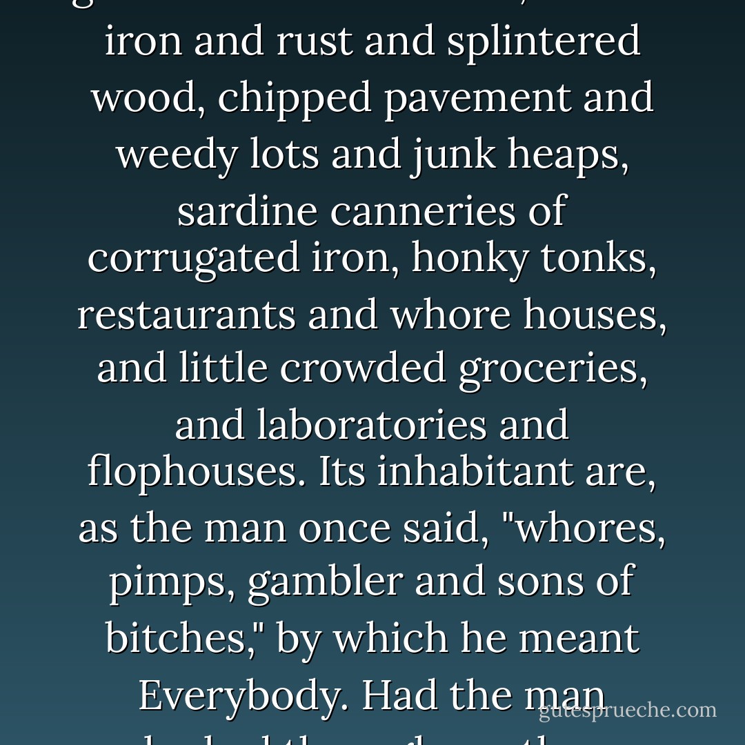 Cannery Row in Monterey in California is a poem, a stink, a grating noise, a quality of light, a tone, a habit, a nostalgia, a dream. Cannery Row is the gathered and scattered, tin and iron and rust and splintered wood, chipped pavement and weedy lots and junk heaps, sardine canneries of corrugated iron, honky tonks, restaurants and whore houses, and little crowded groceries, and laboratories and flophouses. Its inhabitant are, as the man once said, "whores, pimps, gambler and sons of bitches," by which he meant Everybody. Had the man looked through another peephole he might have said, "Saints and angels and martyrs and holymen" and he would have meant the same thing. - John Steinbeck