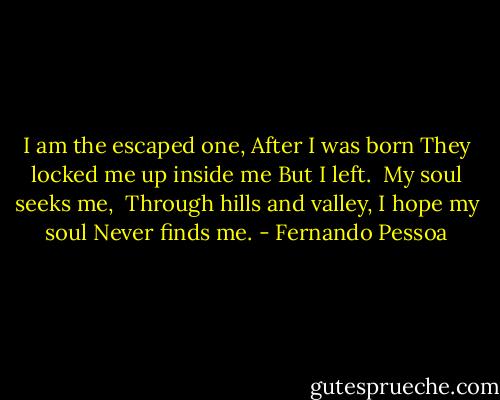 I am the escaped one,<br />After I was born<br />They locked me up inside me<br />But I left. <br />My soul seeks me, <br />Through hills and valley,<br />I hope my soul<br />Never finds me. - Fernando Pessoa