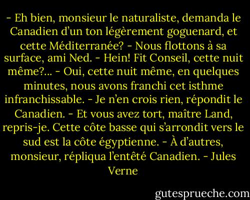 - Eh bien, monsieur le naturaliste, demanda le Canadien d’un ton légèrement goguenard, et cette Méditerranée?<br />- Nous flottons à sa surface, ami Ned.<br />- Hein! Fit Conseil, cette nuit même?...<br />- Oui, cette nuit même, en quelques minutes, nous avons franchi cet isthme infranchissable.<br />- Je n’en crois rien, répondit le Canadien.<br />- Et vous avez tort, maître Land, repris-je. Cette côte basse qui s’arrondit vers le sud est la côte égyptienne.<br />- À d’autres, monsieur, répliqua l’entêté Canadien. - Jules Verne