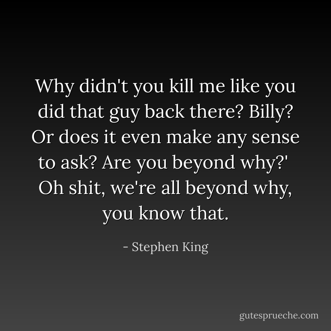 Why didn't you kill me like you did that guy back there? Billy? Or does it even make any sense to ask? Are you beyond why?'<br /><br />Oh shit, we're all beyond why, you know that. - Stephen King