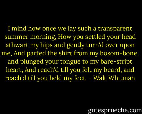 I mind how once we lay such a transparent summer morning,<br />How you settled your head athwart my hips and gently turn'd over upon me,<br />And parted the shirt from my bosom-bone, and plunged your tongue to my bare-stript heart,<br />And reach'd till you felt my beard, and reach'd till you held my feet. - Walt Whitman