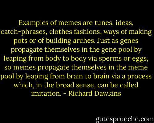 Examples of memes are tunes, ideas, catch-phrases, clothes fashions, ways of making pots or of building arches. Just as genes propagate themselves in the gene pool by leaping from body to body via sperms or eggs, so memes propagate themselves in the meme pool by leaping from brain to brain via a process which, in the broad sense, can be called imitation. - Richard Dawkins