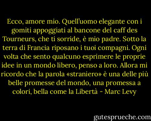 Ecco, amore mio. Quell’uomo elegante con i gomiti appoggiati al bancone del caff des Tourneurs, che ti sorride, è mio padre. Sotto la terra di Francia riposano i tuoi compagni. Ogni volta che sento qualcuno esprimere le proprie idee in un mondo libero, penso a loro. Allora mi ricordo che la parola «straniero» è una delle più belle promesse del mondo, una promessa a colori, bella come la Libertà - Marc Levy