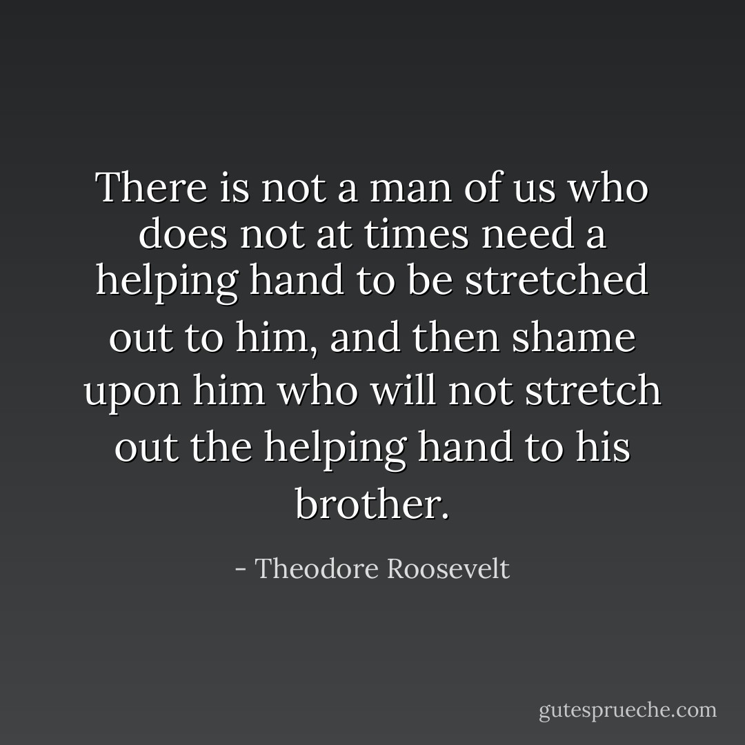 There is not a man of us who does not at times need a helping hand to be stretched out to him, and then shame upon him who will not stretch out the helping hand to his brother. - Theodore Roosevelt