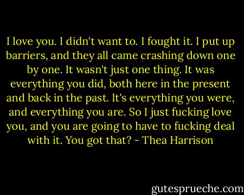 I love you. I didn't want to. I fought it. I put up barriers, and they all came crashing down one by one. It wasn't just one thing. It was everything you did, both here in the present and back in the past. It's everything you were, and everything you are. So I just fucking love you, and you are going to have to fucking deal with it. You got that? - Thea Harrison