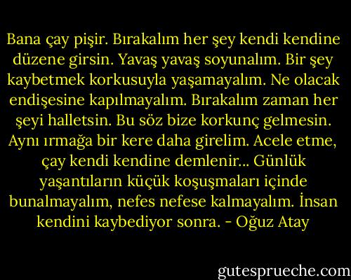 Bana çay pişir. Bırakalım her şey kendi kendine düzene girsin. Yavaş yavaş soyunalım. Bir şey kaybetmek korkusuyla yaşamayalım. Ne olacak endişesine kapılmayalım. Bırakalım zaman her şeyi halletsin. Bu söz bize korkunç gelmesin. Aynı ırmağa bir kere daha girelim. Acele etme, çay kendi kendine demlenir... Günlük yaşantıların küçük koşuşmaları içinde bunalmayalım, nefes nefese kalmayalım. İnsan kendini kaybediyor sonra. - Oğuz Atay