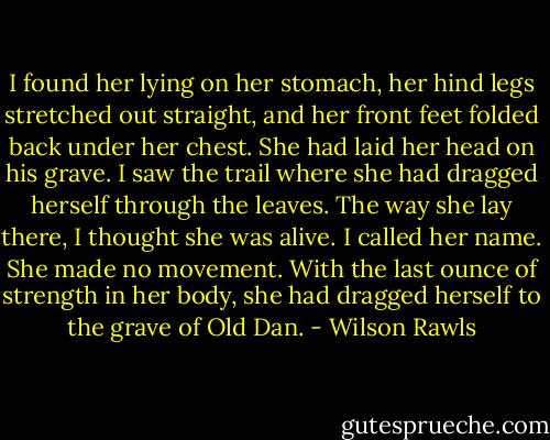 I found her lying on her stomach, her hind legs stretched out straight, and her front feet folded back under her chest. She had laid her head on his grave. I saw the trail where she had dragged herself through the leaves. The way she lay there, I thought she was alive. I called her name. She made no movement. With the last ounce of strength in her body, she had dragged herself to the grave of Old Dan. - Wilson Rawls