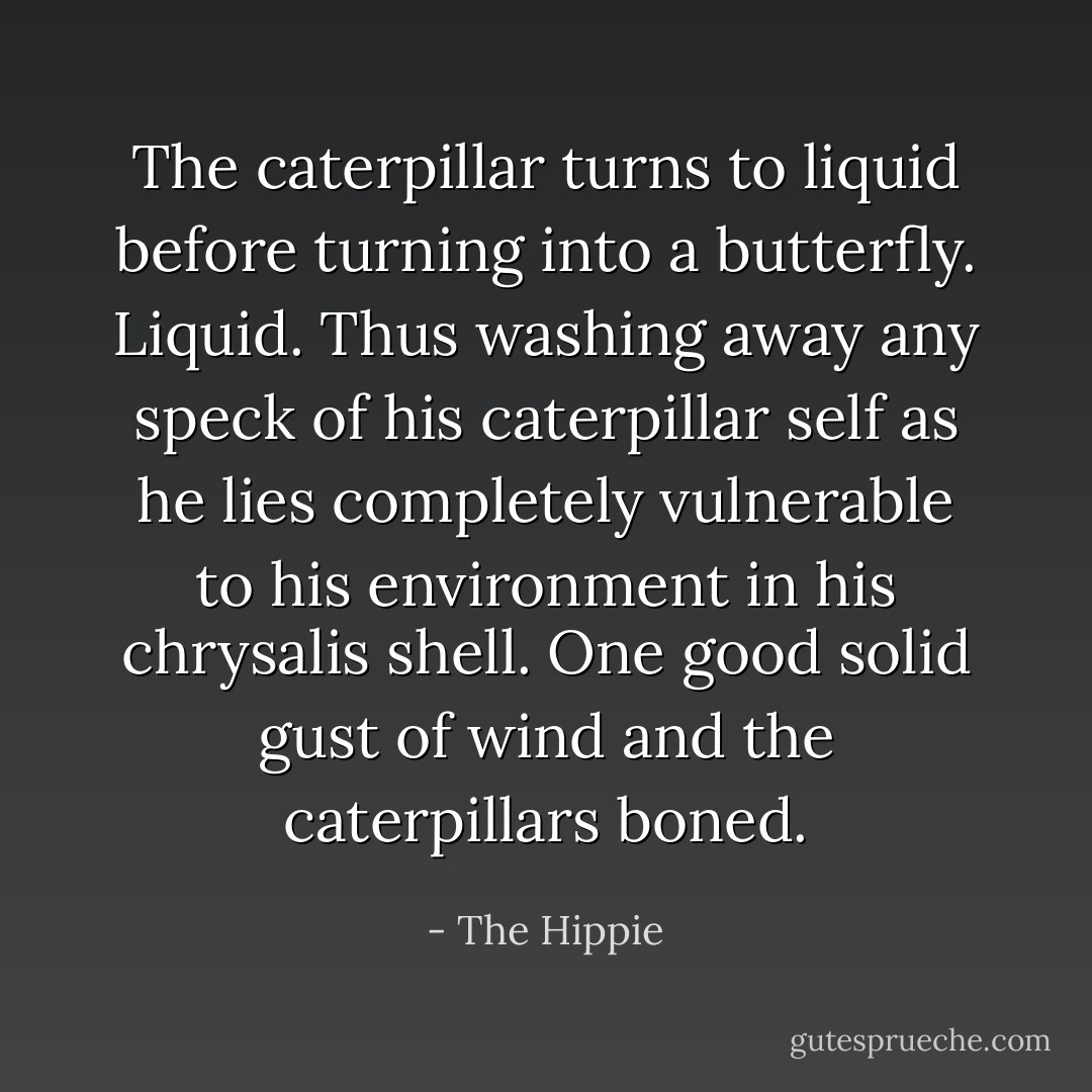 The caterpillar turns to liquid before turning into a butterfly. Liquid. Thus washing away any speck of his caterpillar self as he lies completely vulnerable to his environment in his chrysalis shell. One good solid gust of wind and the caterpillars boned. - The Hippie