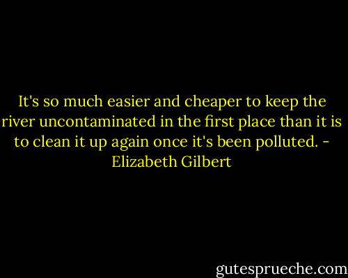 It's so much easier and cheaper to keep the river uncontaminated in the first place than it is to clean it up again once it's been polluted. - Elizabeth Gilbert