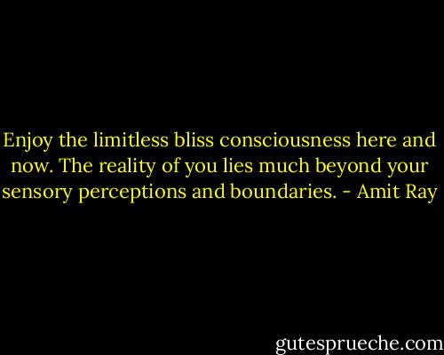 Enjoy the limitless bliss consciousness here and now. The reality of you lies much beyond your sensory perceptions and boundaries. - Amit Ray
