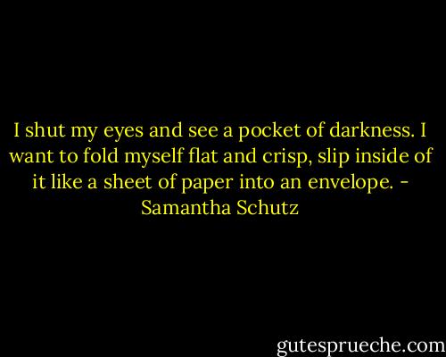 I shut my eyes<br />and see a pocket of darkness.<br />I want to fold myself<br />flat and crisp,<br />slip inside of it<br />like a sheet of paper<br />into an envelope. - Samantha Schutz