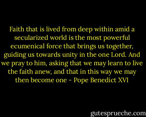 Faith that is lived from deep within amid a secularized world is the most powerful ecumenical force that brings us together, guiding us towards unity in the one Lord. And we pray to him, asking that we may learn to live the faith anew, and that in this way we may then become one - Pope Benedict XVI