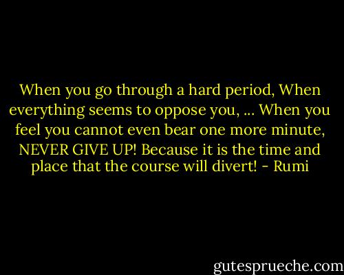 When you go through a hard period,<br />When everything seems to oppose you,<br />... When you feel you cannot even bear one more minute,<br />NEVER GIVE UP!<br />Because it is the time and place that the course will divert! - Rumi