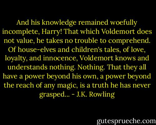 And his knowledge remained woefully incomplete, Harry! That which Voldemort does not value, he takes no trouble to comprehend. Of house-elves and children's tales, of love, loyalty, and innocence, Voldemort knows and understands nothing. Nothing. That they all have a power beyond his own, a power beyond the reach of any magic, is a truth he has never grasped... - J.K. Rowling