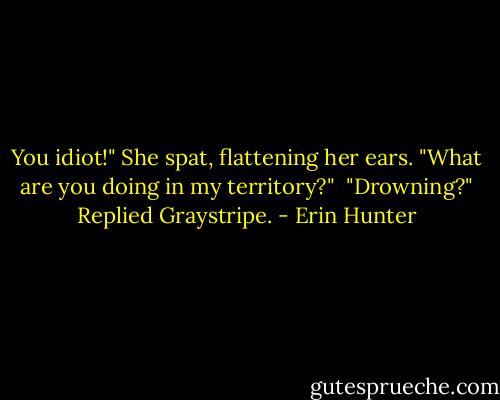 You idiot!" She spat, flattening her ears. "What are you doing in my territory?"<br /><br />"Drowning?" Replied Graystripe. - Erin Hunter