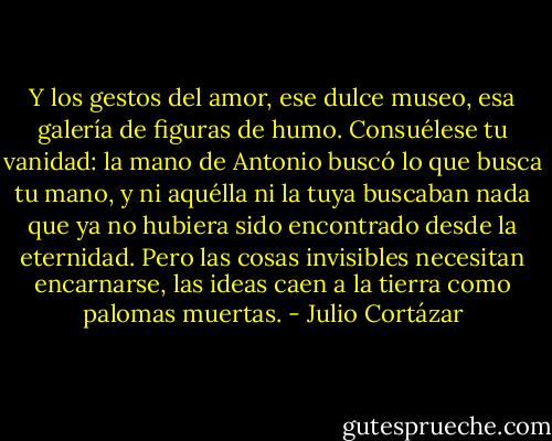 Y los gestos del amor, ese dulce museo, esa galería de figuras de humo. Consuélese tu vanidad: la mano de Antonio buscó lo que busca tu mano, y ni aquélla ni la tuya buscaban nada que ya no hubiera sido encontrado desde la eternidad. Pero las cosas invisibles necesitan encarnarse, las ideas caen a la tierra como palomas muertas. - Julio Cortázar