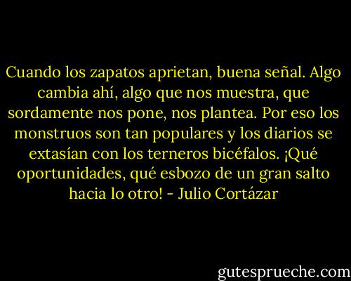 Cuando los zapatos aprietan, buena señal. Algo cambia ahí, algo que nos muestra, que sordamente nos pone, nos plantea. Por eso los monstruos son tan populares y los diarios se extasían con los terneros bicéfalos. ¡Qué oportunidades, qué esbozo de un gran salto hacia lo otro! - Julio Cortázar