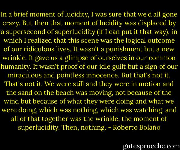 In a brief moment of lucidity, I was sure that we'd all gone crazy. But then that moment of lucidity was displaced by a supersecond of superlucidity (if I can put it that way), in which I realized that this scene was the logical outcome of our ridiculous lives. It wasn't a punishment but a new wrinkle. It gave us a glimpse of ourselves in our common humanity. It wasn't proof of our idle guilt but a sign of our miraculous and pointless innocence. But that's not it. That's not it. We were still and they were in motion and the sand on the beach was moving, not because of the wind but because of what they were doing and what we were doing, which was nothing, which was watching, and all of that together was the wrinkle, the moment of superlucidity. Then, nothing. - Roberto Bolaño