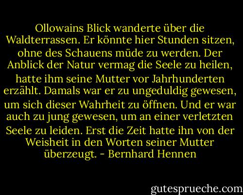Ollowains Blick wanderte über die Waldterrassen. Er könnte hier Stunden sitzen, ohne des Schauens müde zu werden. Der Anblick der Natur vermag die Seele zu heilen, hatte ihm seine Mutter vor Jahrhunderten erzählt. Damals war er zu ungeduldig gewesen, um sich dieser Wahrheit zu öffnen. Und er war auch zu jung gewesen, um an einer verletzten Seele zu leiden. Erst die Zeit hatte ihn von der Weisheit in den Worten seiner Mutter überzeugt. - Bernhard Hennen