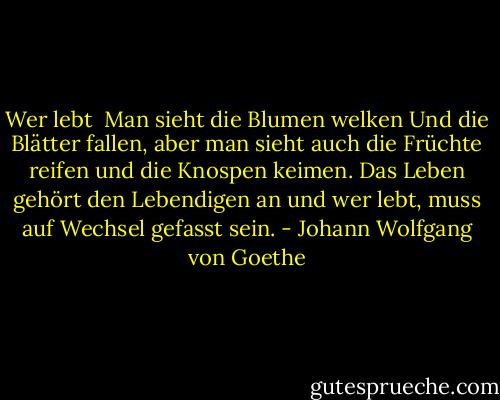 Wer lebt<br /><br />Man sieht die Blumen welken<br />Und die Blätter fallen,<br />aber man sieht auch<br />die Früchte reifen<br />und die Knospen keimen.<br />Das Leben gehört<br />den Lebendigen an<br />und wer lebt,<br />muss auf Wechsel gefasst sein. - Johann Wolfgang von Goethe
