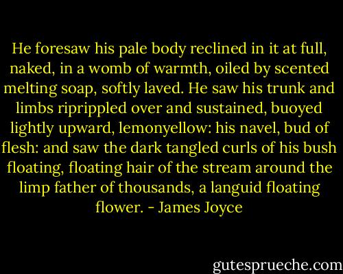 He foresaw his pale body reclined in it at full, naked, in a womb of warmth, oiled by scented melting soap, softly laved. He saw his trunk and limbs riprippled over and sustained, buoyed lightly upward, lemonyellow: his navel, bud of flesh: and saw the dark tangled curls of his bush floating, floating hair of the stream around the limp father of thousands, a languid floating flower. - James Joyce
