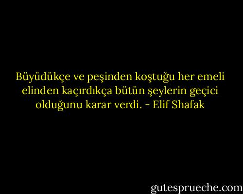 Büyüdükçe ve peşinden koştuğu her emeli elinden kaçırdıkça bütün şeylerin geçici olduğunu karar verdi. - Elif Shafak