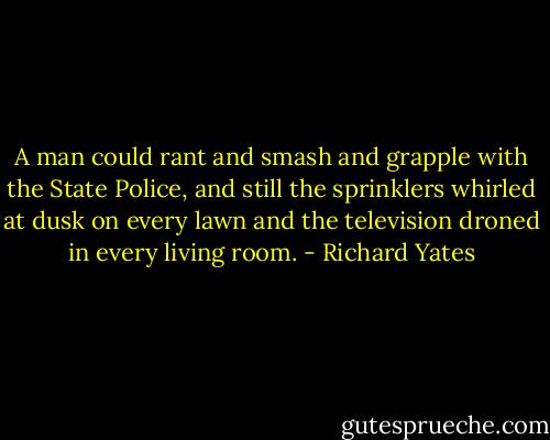 A man could rant and smash and grapple with the State Police, and still the sprinklers whirled at dusk on every lawn and the television droned in every living room. - Richard Yates