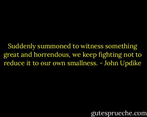 Suddenly summoned to witness something great and horrendous, we keep fighting not to reduce it to our own smallness. - John Updike