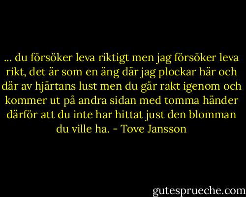 ... du försöker leva riktigt men jag försöker leva rikt, det är som en äng där jag plockar här och där av hjärtans lust men du går rakt igenom och kommer ut på andra sidan med tomma händer därför att du inte har hittat just den blomman du ville ha. - Tove Jansson