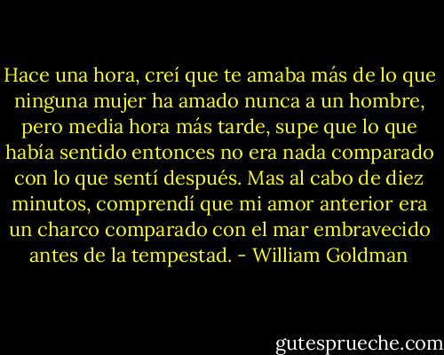 Hace una hora, creí que te amaba más de lo que ninguna mujer ha amado nunca a un<br />hombre, pero media hora más tarde, supe que lo que había sentido entonces no era<br />nada comparado con lo que sentí después. Mas al cabo de diez minutos, comprendí que mi amor anterior era un charco comparado con el mar embravecido antes de la tempestad. - William Goldman
