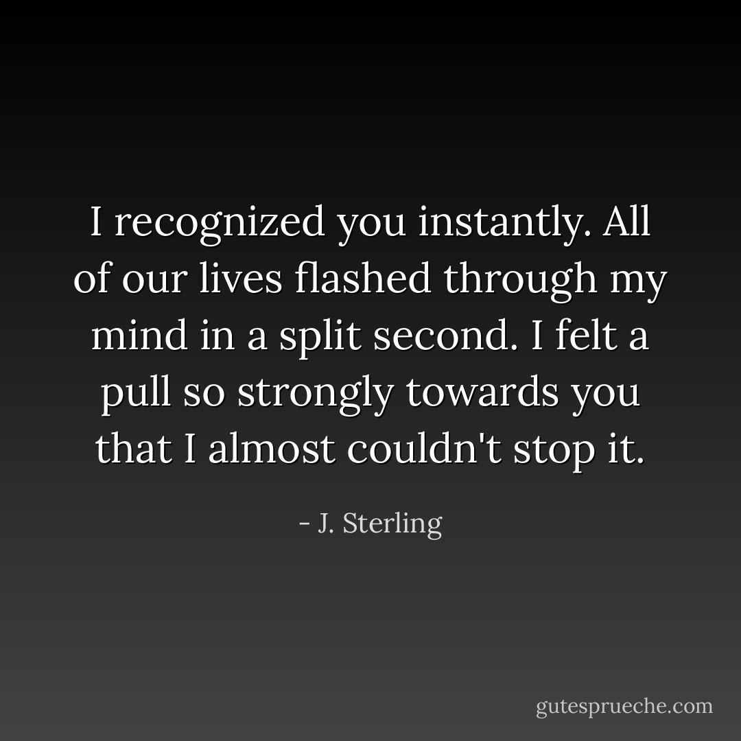 I recognized you instantly. All of our lives flashed through my mind in a split second. I felt a pull so strongly towards you that I almost couldn't stop it. - J. Sterling