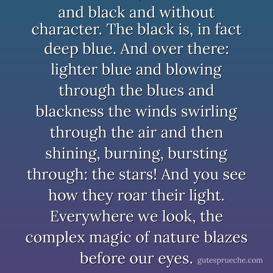 Look at the sky. It’s not dark and black and without character. The black is, in fact deep blue. And over there: lighter blue and blowing through the blues and blackness the winds swirling through the air and then shining, burning, bursting through: the stars! And you see how they roar their light. Everywhere we look, the complex magic of nature blazes before our eyes. - Richard Curtis