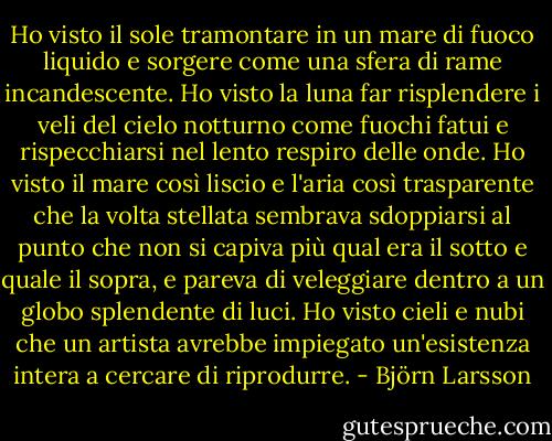 Ho visto il sole tramontare in un mare di fuoco liquido e sorgere come una sfera di rame incandescente. Ho visto la luna far risplendere i veli del cielo notturno come fuochi fatui e rispecchiarsi nel lento respiro delle onde. Ho visto il mare così liscio e l'aria così trasparente che la volta stellata sembrava sdoppiarsi al punto che non si capiva più qual era il sotto e quale il sopra, e pareva di veleggiare dentro a un globo splendente di luci. Ho visto cieli e nubi che un artista avrebbe impiegato un'esistenza intera a cercare di riprodurre. - Björn Larsson