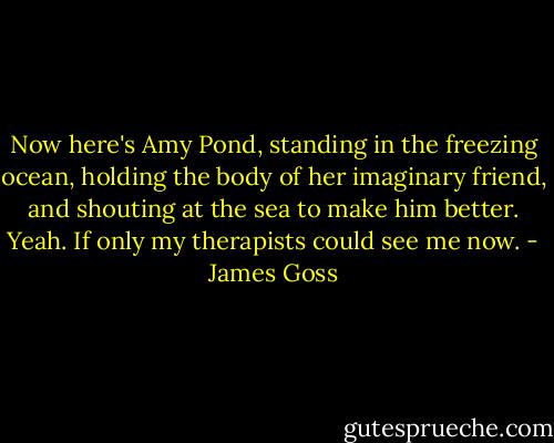 Now here's Amy Pond, standing in the freezing ocean, holding the body of her imaginary friend, and shouting at the sea to make him better.<br />Yeah. If only my therapists could see me now. - James Goss
