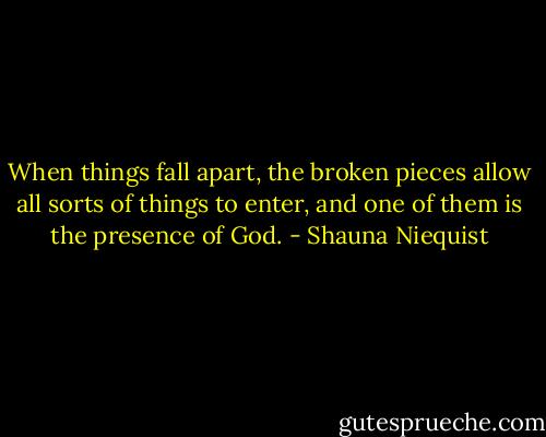 When things fall apart, the broken pieces allow all sorts of things to enter, and one of them is the presence of God. - Shauna Niequist