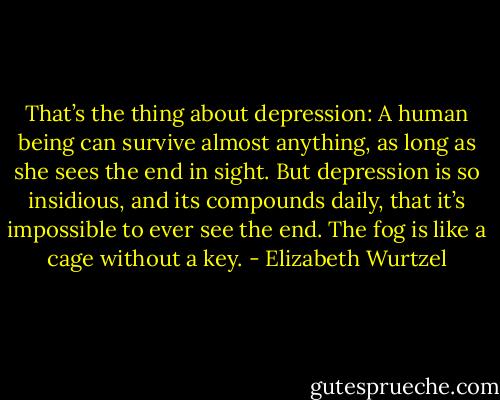 That’s the thing about depression: A human being can survive almost anything, as long as she sees the end in sight. But depression is so insidious, and its compounds daily, that it’s impossible to ever see the end. The fog is like a cage without a key. - Elizabeth Wurtzel