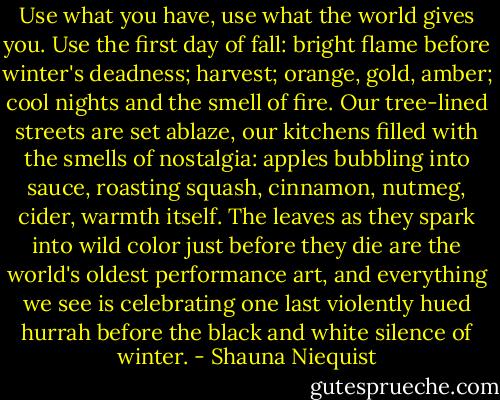Use what you have, use what the world gives you. Use the first day of fall: bright flame before winter's deadness; harvest; orange, gold, amber; cool nights and the smell of fire. Our tree-lined streets are set ablaze, our kitchens filled with the smells of nostalgia: apples bubbling into sauce, roasting squash, cinnamon, nutmeg, cider, warmth itself. The leaves as they spark into wild color just before they die are the world's oldest performance art, and everything we see is celebrating one last violently hued hurrah before the black and white silence of winter. - Shauna Niequist