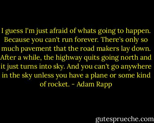 I guess I'm just afraid of whats going to happen. Because you can't run forever. There's only so much pavement that the road makers lay down. After a while, the highway quits going north and it just turns into sky. And you can't go anywhere in the sky unless you have a plane or some kind of rocket. - Adam Rapp