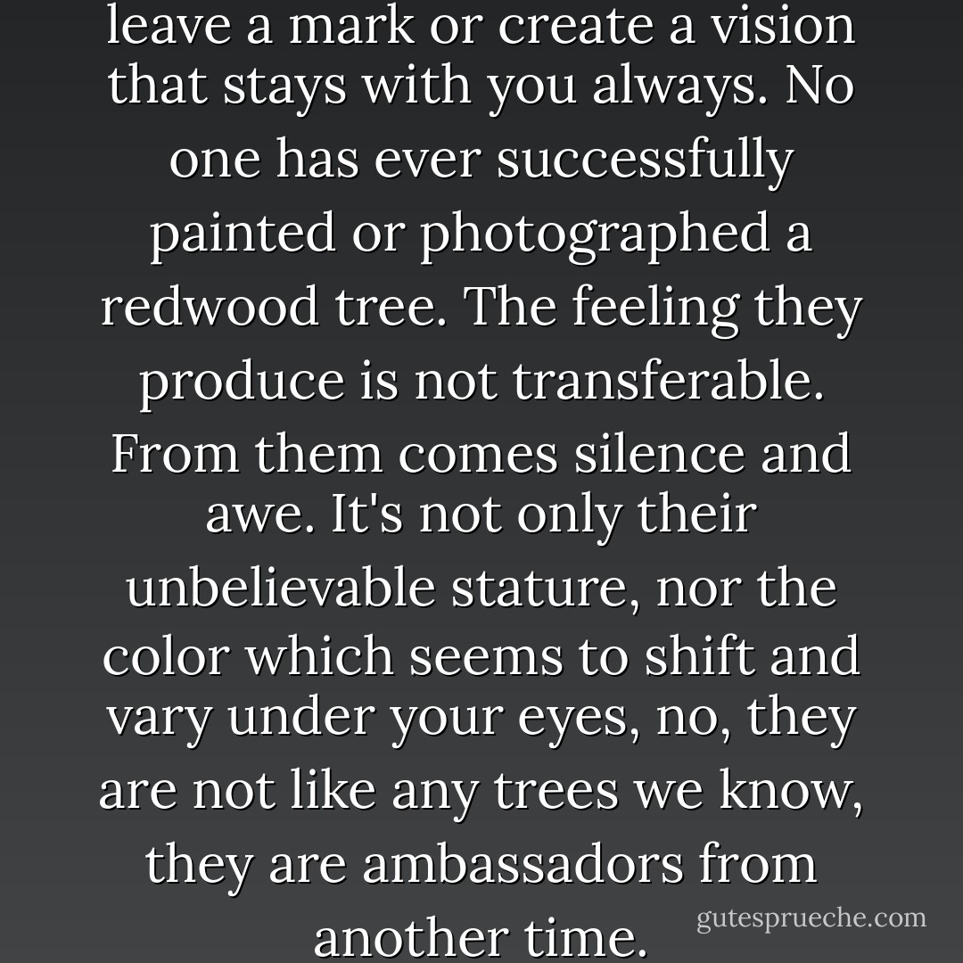 The redwoods, once seen, leave a mark or create a vision that stays with you always. No one has ever successfully painted or photographed a redwood tree. The feeling they produce is not transferable. From them comes silence and awe. It's not only their unbelievable stature, nor the color which seems to shift and vary under your eyes, no, they are not like any trees we know, they are ambassadors from another time. - John Steinbeck