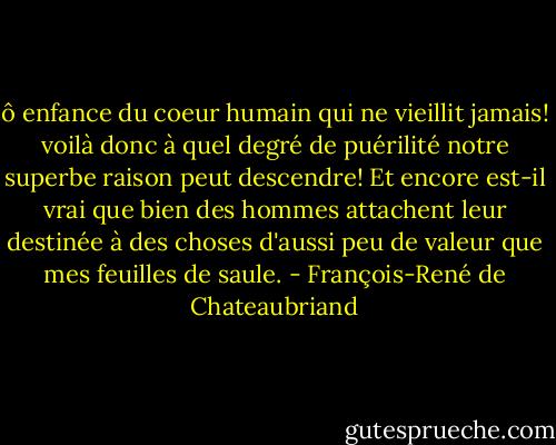 ô enfance du coeur humain qui ne vieillit jamais! voilà donc à quel degré de puérilité notre superbe raison peut descendre! Et encore est-il vrai que bien des hommes attachent leur destinée à des choses d'aussi peu de valeur que mes feuilles de saule. - François-René de Chateaubriand