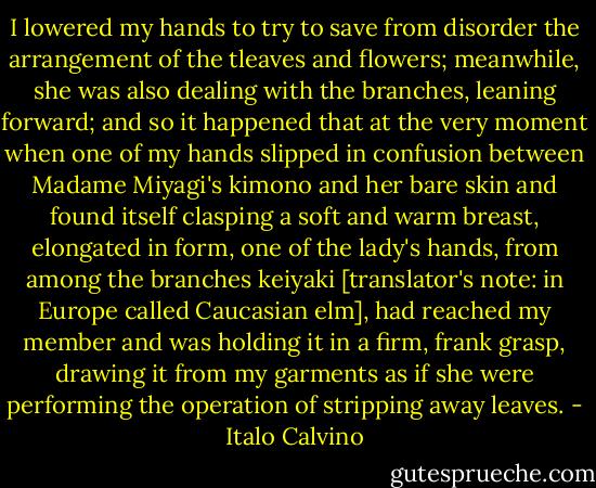 I lowered my hands to try to save from disorder the arrangement of the tleaves and flowers; meanwhile, she was also dealing with the branches, leaning forward; and so it happened that at the very moment when one of my hands slipped in confusion between Madame Miyagi's kimono and her bare skin and found itself clasping a soft and warm breast, elongated in form, one of the lady's hands, from among the branches keiyaki [translator's note: in Europe called Caucasian elm], had reached my member and was holding it in a firm, frank grasp, drawing it from my garments as if she were performing the operation of stripping away leaves. - Italo Calvino